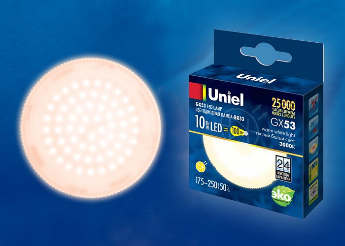 Лампа светодиодная Uniel GX53 10Вт 3000K LED-GX53-10W/WW/GX53/FR PLZ01WH