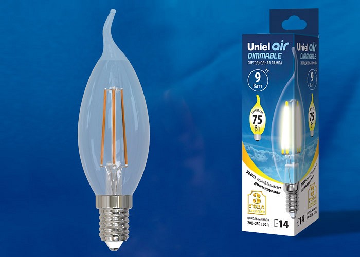 Лампа светодиодная Uniel E14 9Вт 3000K LED-CW35-9W/3000K/E14/CL/DIM GLA01TR картон