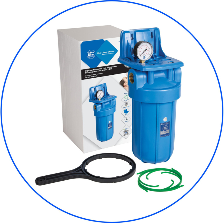 Корпус фильтра AquaFilter AQM 10ВВ, вход 1" FH10В1-В (FH10В1-В-WB) в сборе (колба, ключ, кронштейн, манометр) без картриджа