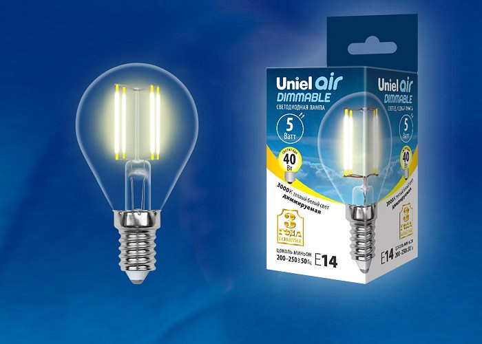 Лампа светодиодная Uniel E14 5Вт 3000K LED-G45-5W/WW/E14/CL/DIM GLA01TR картон