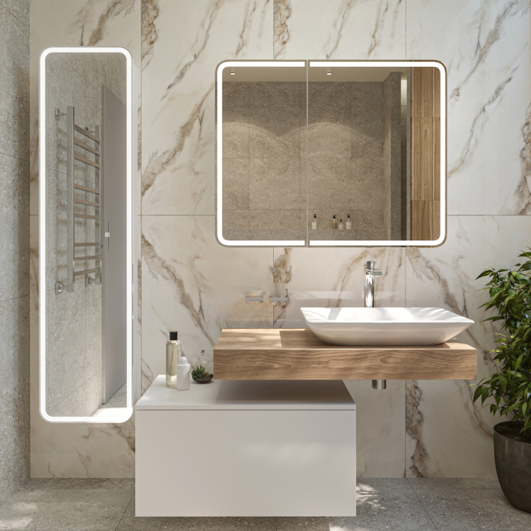 Зеркало-шкаф Stworki Ольборг МВК080 100, с подсветкой, навесное, белое, большое, в стиле лофт, с розеткой (МВК080)