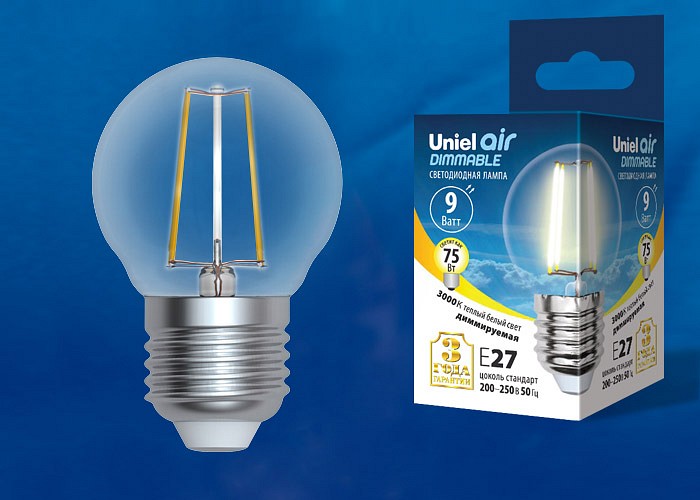 Лампа светодиодная Uniel E27 9Вт 3000K LED-G45-9W/3000K/E27/CL/DIM GLA01TR картон