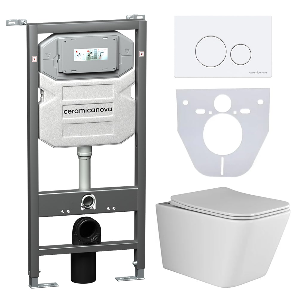 Сет 4 в 1 Инсталляция с кнопкой+унитаз+шумоизоляция CERAMICANOVA Подвесной унитаз Metric Rimless Шумоизоляционная панель Система инсталляции с кнопкой Round цвет бел