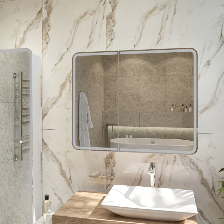 Зеркало-шкаф Stworki Ольборг МВК080 100, с подсветкой, навесное, белое, большое, в стиле лофт, с розеткой (МВК080)