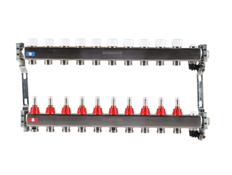 RMS-1201-000010 ROMMER Коллектор из нержавеющей стали с расходомерами, с клапаном вып. воздуха и сливом 10 вых.