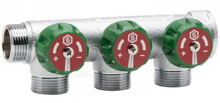 Stout Регулирующий проходной коллектор ВР-НР 3/4" c 3 отводами 1/2" плоское уплотнение (SMB-6849-341203)