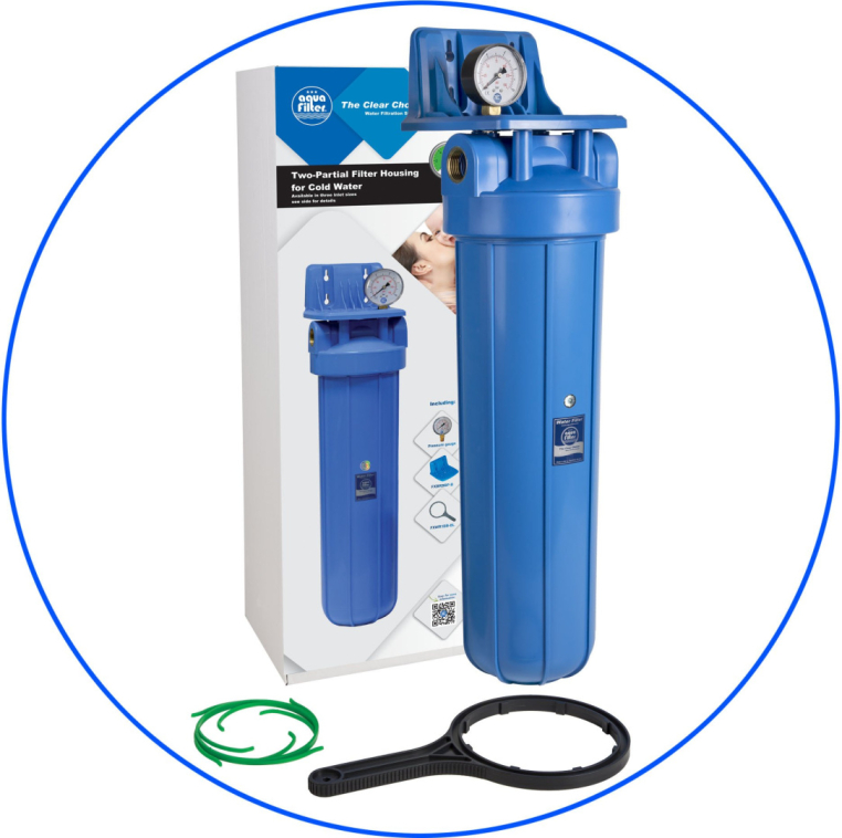 Корпус фильтра AquaFilter AQM 20ВВ, вход 1" FH20В1-В (FH20В1-В-WB) в сборе (колба, ключ, кронштейн, манометр) без картриджа