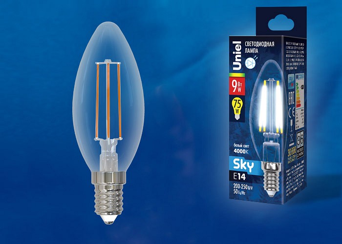 Лампа светодиодная Uniel E14 9Вт 4000K LED-C35-9W/4000K/E14/CL PLS02WH картон