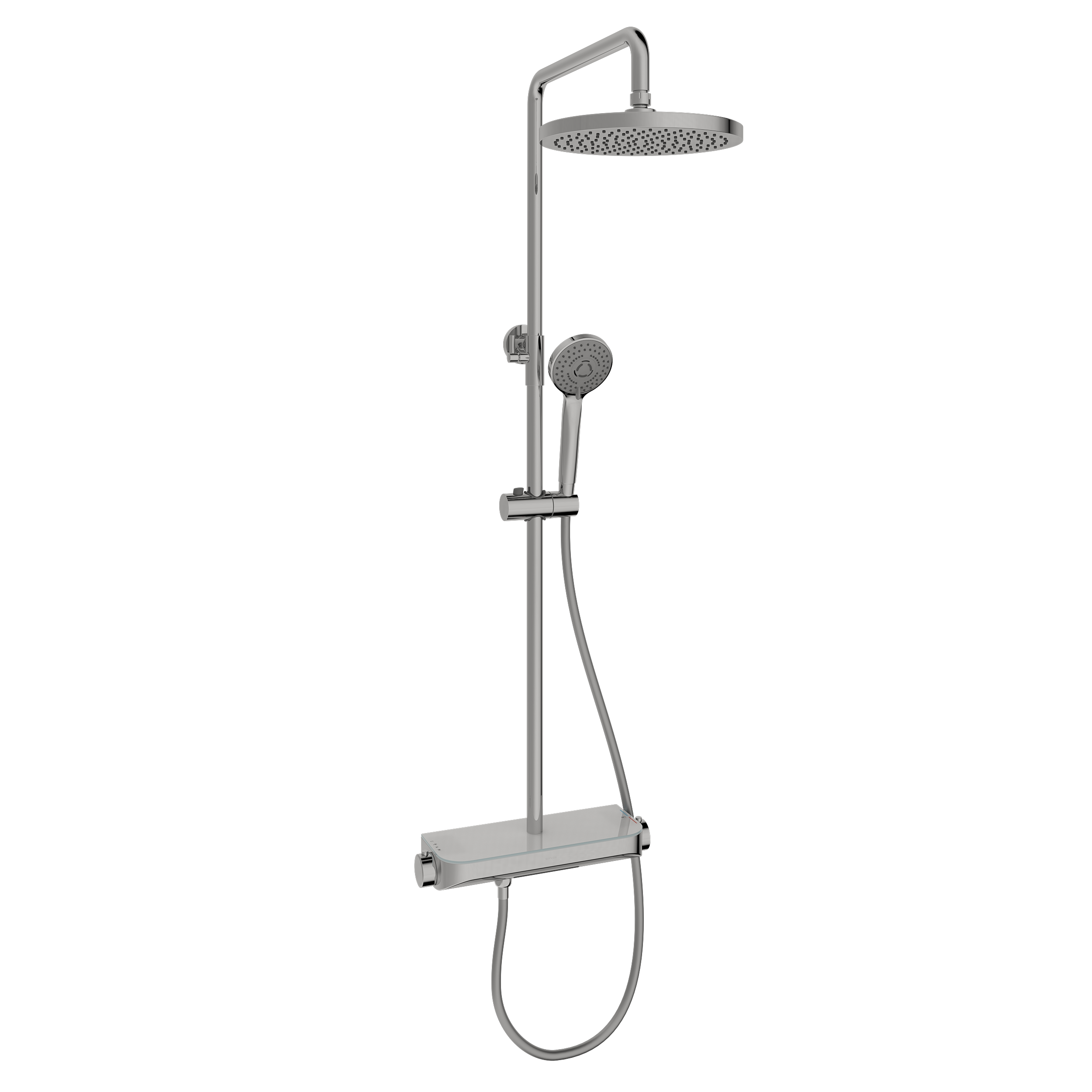 Душевая стойка Sancos Teo c термостатом, встроенным изливом,  полкой и с регулировкой по высоте штанги, цвет хром, арт. SC11002CH