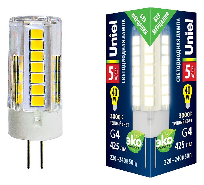 Лампа светодиодная Uniel G4 5Вт 3000K LED-JC-220/5W/3000K/G4/CL GLZ09TR картон