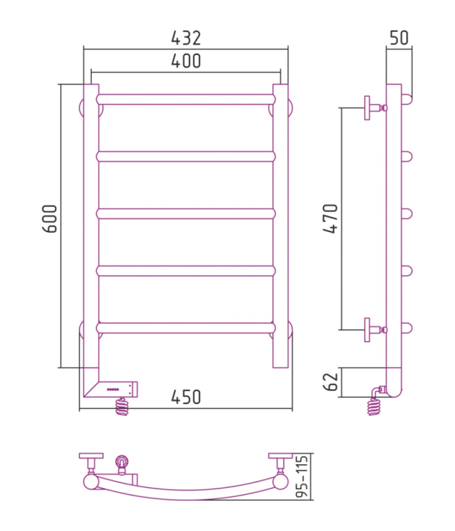 Электрический полотенцесушитель Сунержа Галант 2.0 600x400 ТЭН Лев. (00-5200-6040)