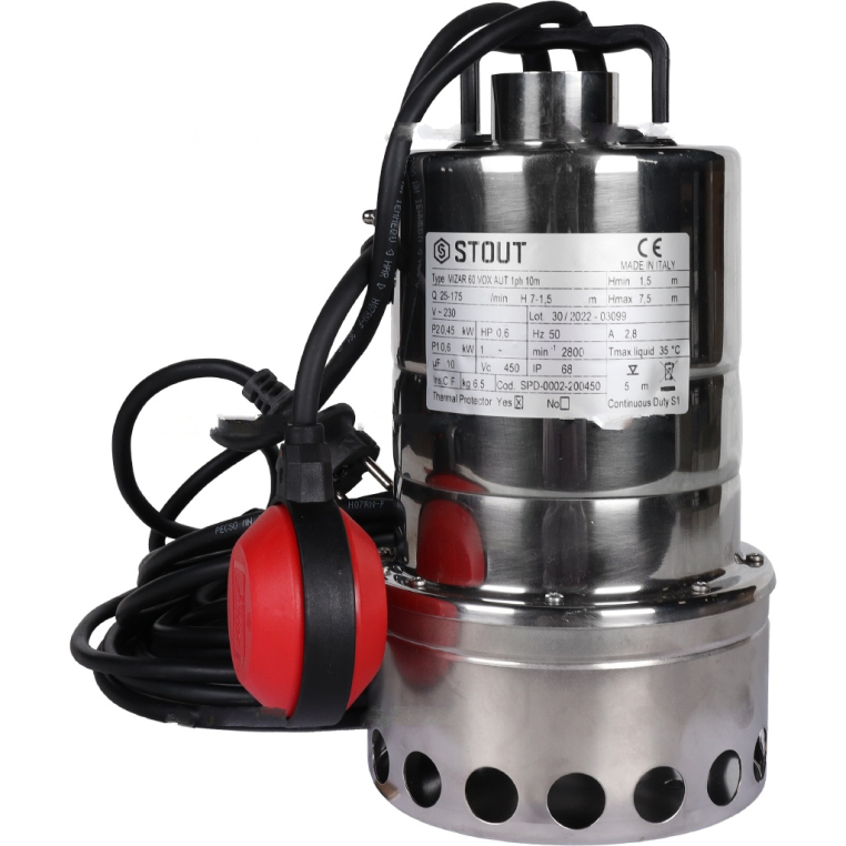 SPD-0002-200450 Насос дренажный, с поплавком, нерж.раб.колесо, кабель 10 м, 230V, Q=175 л/мин, H=7,5 м
