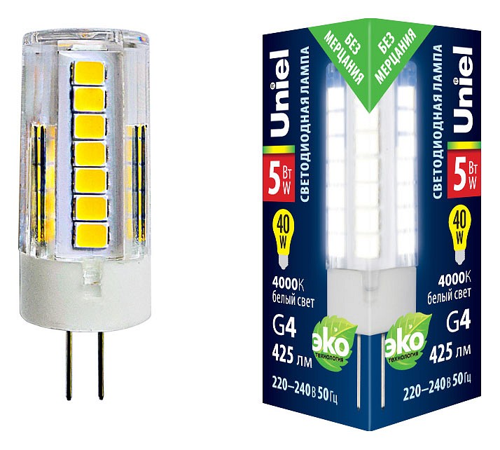 Лампа светодиодная Uniel G4 5Вт 4000K LED-JC-220/5W/4000K/G4/CL GLZ09TR картон