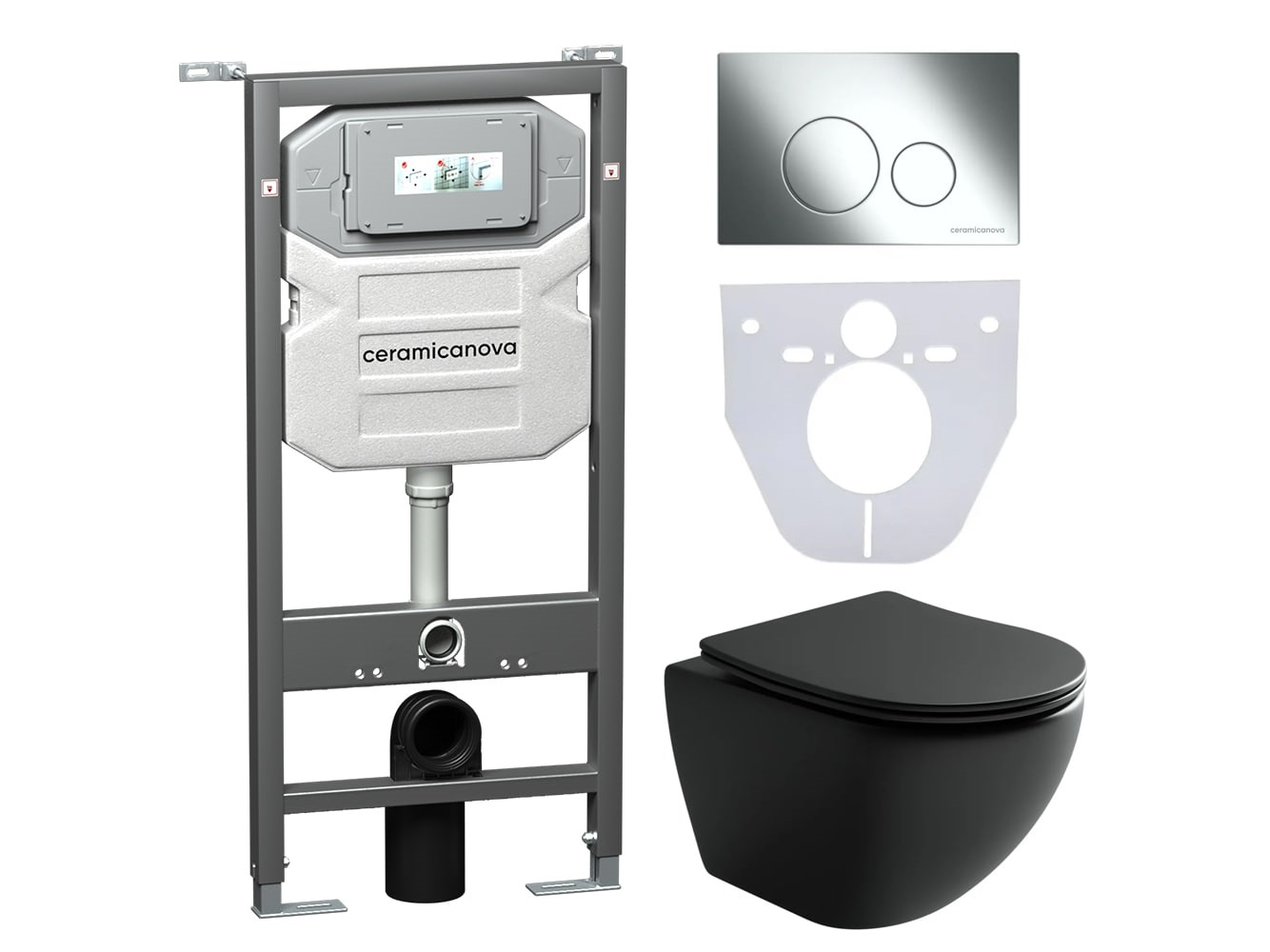 Сет 4 в 1 Инсталляция с кнопкой+унитаз+шумоизоляция CERAMICANOVA Подвесной унитаз Metropol+Шумоизоляционная панель+Система инсталляции с кнопкой Round цвет хром
