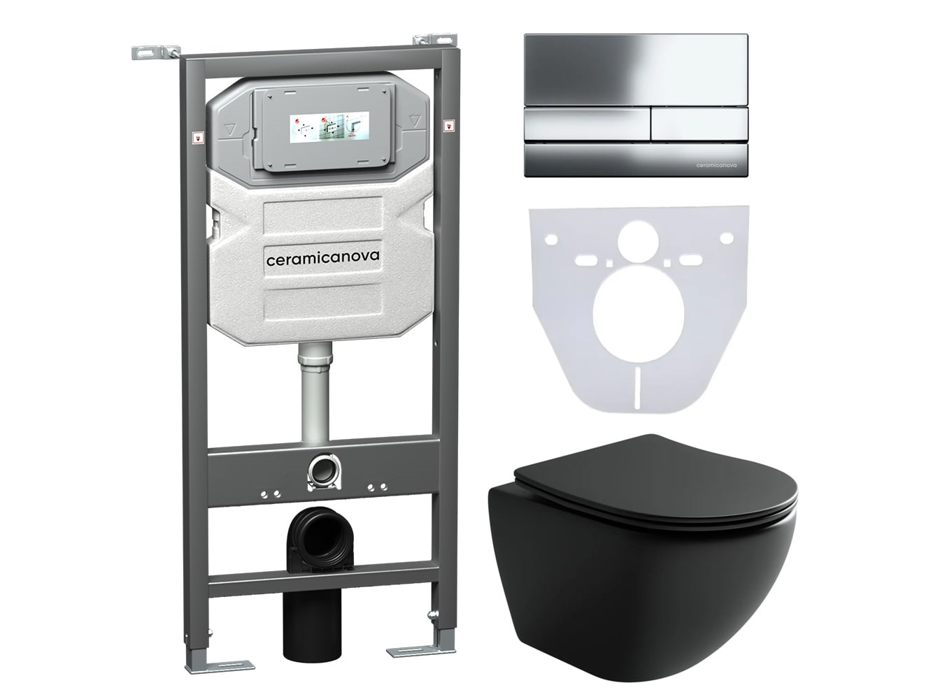 Сет 4 в 1 Инсталляция с кнопкой+унитаз+шумоизоляция CERAMICANOVA Подвесной унитаз Metropol+Шумоизоляционная панель+Система инсталляции с кнопкой Flat цвет хром