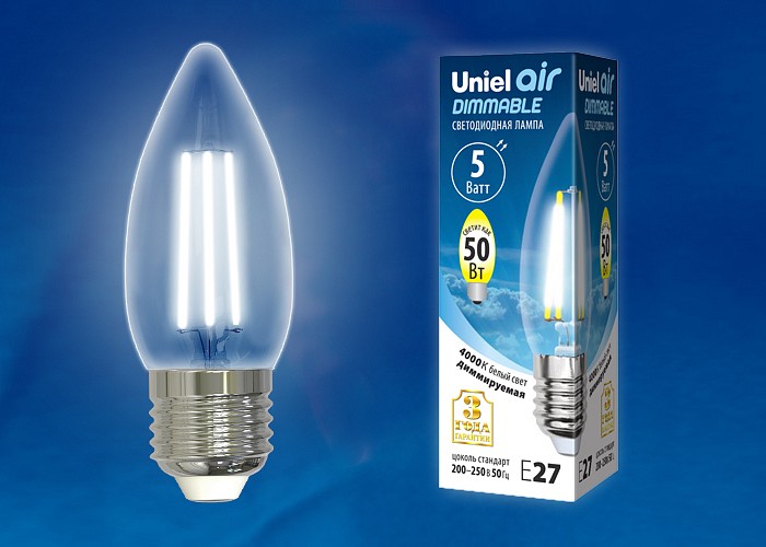 Лампа светодиодная Uniel E27 5Вт 4000K LED-C35-5W/NW/E27/CL/DIM GLA01TR картон