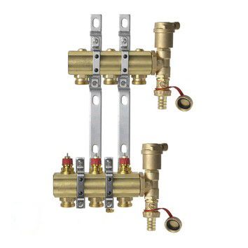 Коллектор Danfoss FHF-3 set из латуни для 3 контуров, с преднастройкой, в комплекте с двумя автоматическими воздухоотводчиками и кронштейнами (088U0703)