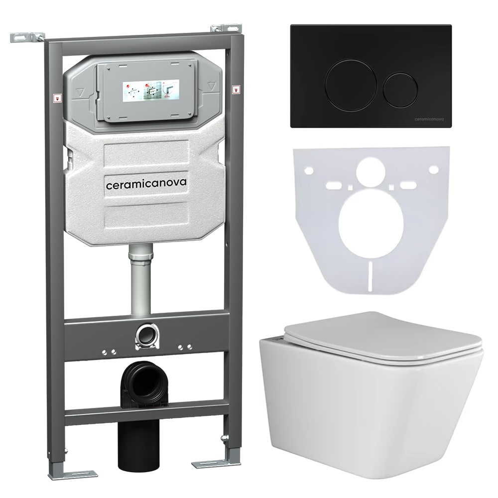 Сет 4 в 1 Инсталляция с кнопкой+унитаз+шумоизоляция CERAMICANOVA Подвесной унитаз Metric+Шумоизоляционная панель+Система инсталляции с кнопкой Round цвет чёрн.матовы