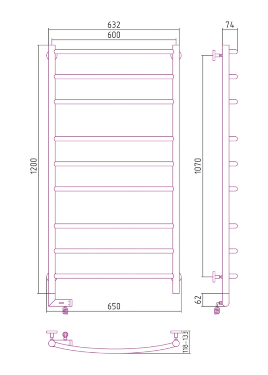 Электрический полотенцесушитель Сунержа Галант 2.0 1200x600 ТЭН Лев. (00-5200-1260)