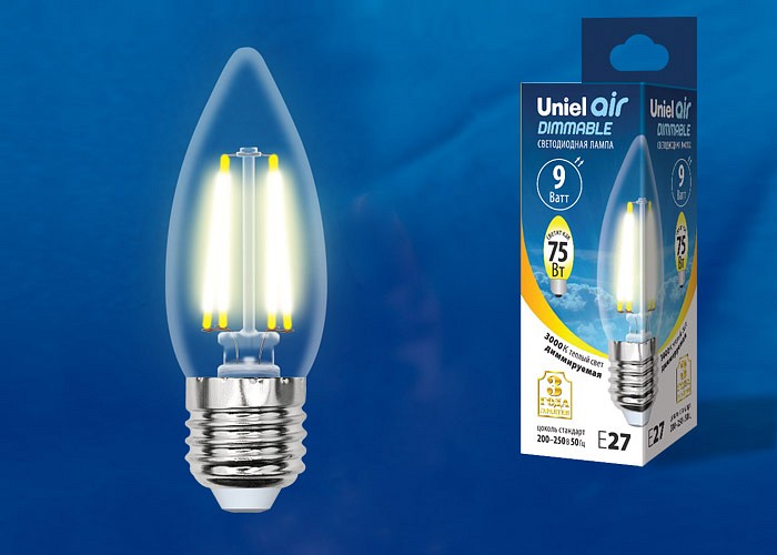 Лампа светодиодная Uniel E27 9Вт 3000K LED-C35-9W/3000K/E27/CL/DIM GLA01TR картон