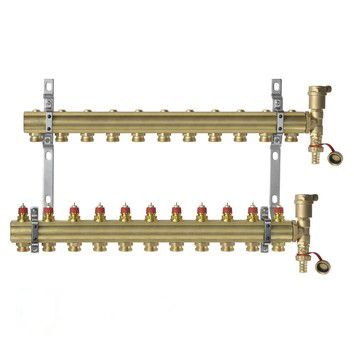 Комплект коллекторов Danfoss FHF-11 set из латуни с кронштейнами и воздухоотводчиками, 11 контуров (088U0711)