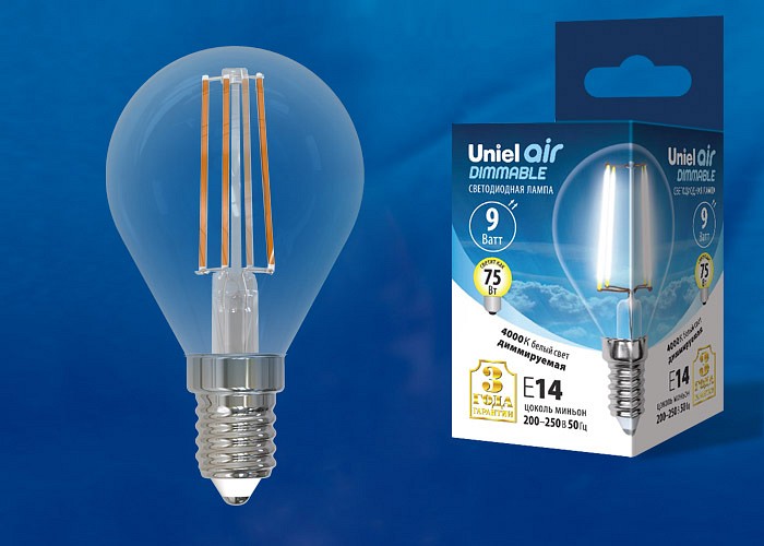 Лампа светодиодная Uniel E14 9Вт 4000K LED-G45-9W/4000K/E14/CL/DIM GLA01TR картон