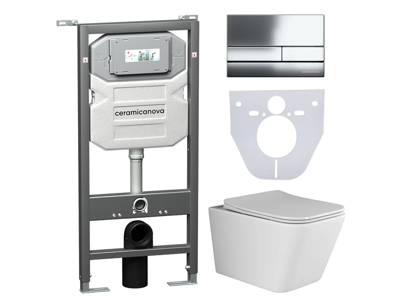 Сет 4 в 1 Инсталляция с кнопкой+унитаз+шумоизоляция CERAMICANOVA Подвесной унитаз Metric Rimless Шумоизоляционная панель Система инсталляции с кнопкой Flat цвет хром