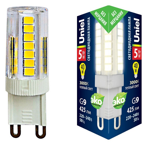 Лампа светодиодная Uniel G9 5Вт 3000K LED-JCD-5W/3000K/G9/CL GLZ09TR картон