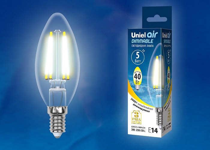 Лампа светодиодная Uniel E14 5Вт 3000K LED-C35-5W/WW/E14/CL/DIM GLA01TR картон