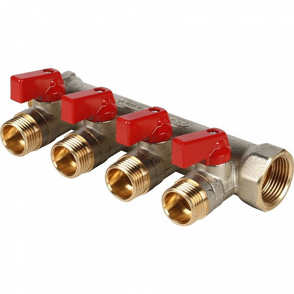 STOUT Коллектор с шаровыми кранами 3/4", 4 отвода 1/2" (красные ручки) (SMB 6200 341204)