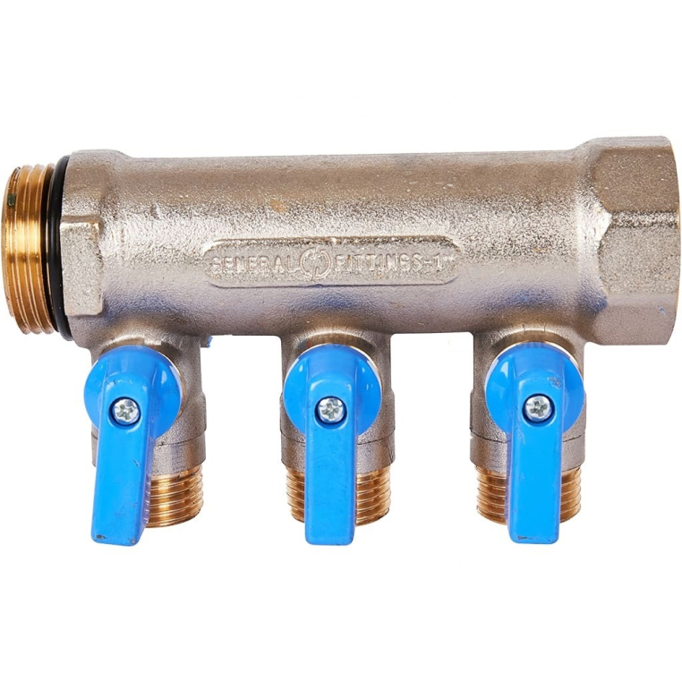 SMB 6211 011203 STOUT Коллектор с шаровыми кранами 1", 3 отвода 1/2" (синие ручки)