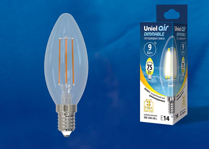 Лампа светодиодная Uniel E14 9Вт 3000K LED-C35-9W/3000K/E14/CL/DIM GLA01TR картон