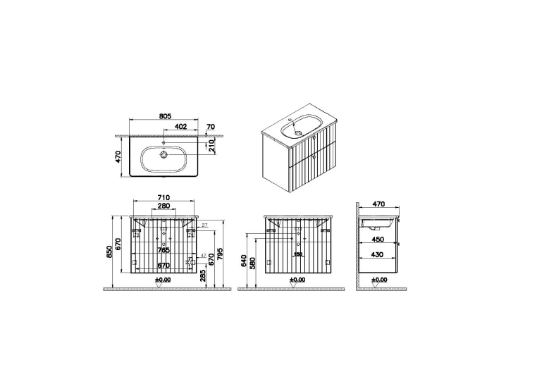 Тумба с раковиной VitrA Root Groove 80 69436 белый