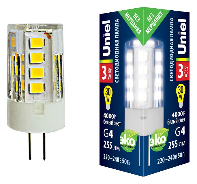 Лампа светодиодная Uniel G4 3Вт 4000K LED-JC-220/3W/4000K/G4/CL GLZ09TR картон