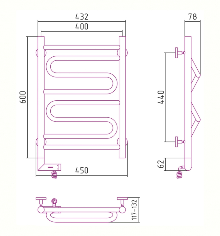 Электрический полотенцесушитель Сунержа Элегия 2.0 600x400 ТЭН Лев. (00-5218-6040)