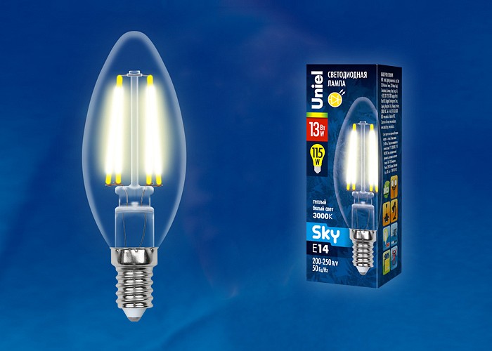 Лампа светодиодная Uniel E14 13Вт 3000K LED-C35-13W/3000K/E14/CL PLS02WH картон
