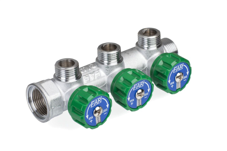 Far Регулирующий проходной коллектор ВР-НР 3/4" с 3 отводами 1/2" FK 3822 3412 TP плоское уплотнение (FK 3822 3412TP)