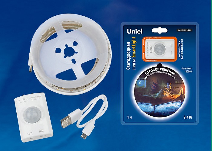 Комплект с лентой светодиодной Uniel Smart Light ULS-R21-2,4W/4000K/1,0M/RECH SENSOR Smart Light блистер