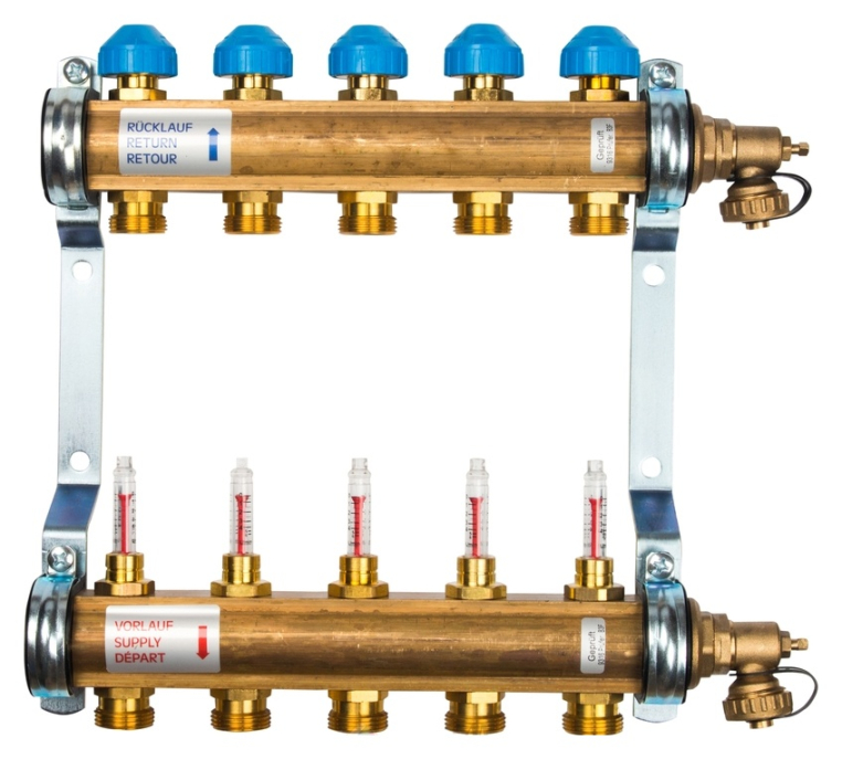 Коллектор для теплого пола из латуни с расходомерами Watts HKV/T-5 5 вых.
