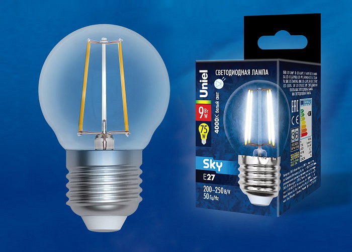 Лампа светодиодная Uniel E27 9Вт 4000K LED-G45-9W/4000K/E27/CL PLS02WH картон