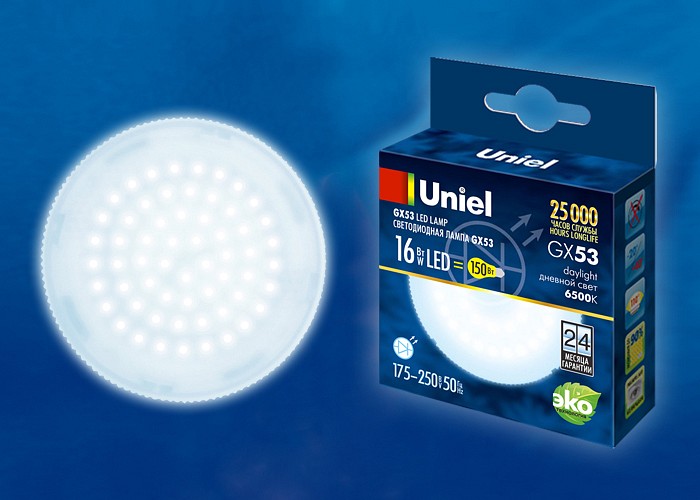 Лампа светодиодная Uniel GX53 16Вт 6500K LED-GX53-16W/6500K/GX53/FR PLZ01WH картон