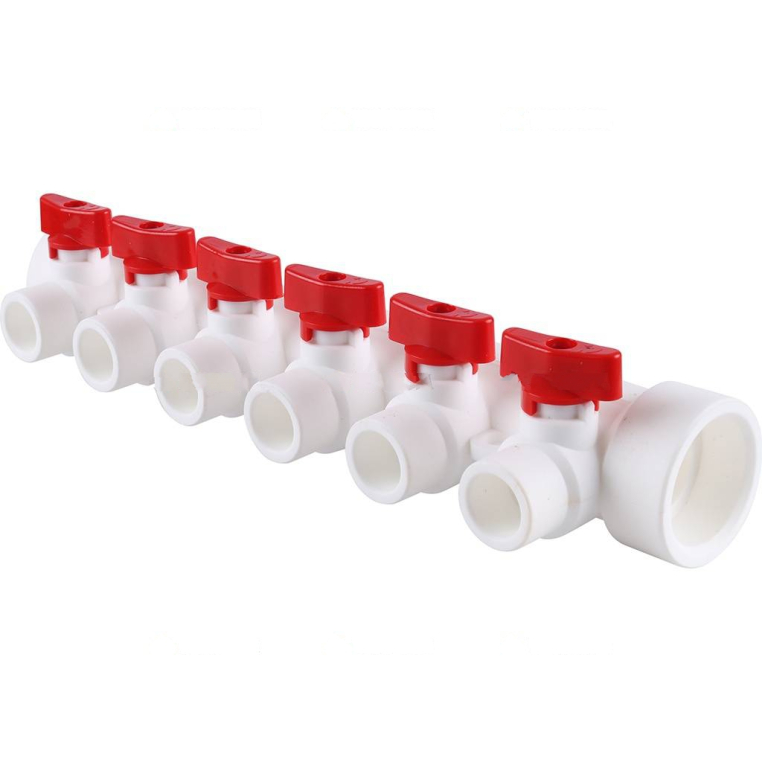 3272-mnr-400620 Kalde Коллектор с воздухоотводчиком и запорными кранами (цвет ручек красный) на 6 выходов для полипропиленовых труб под сварку (цвет белый)