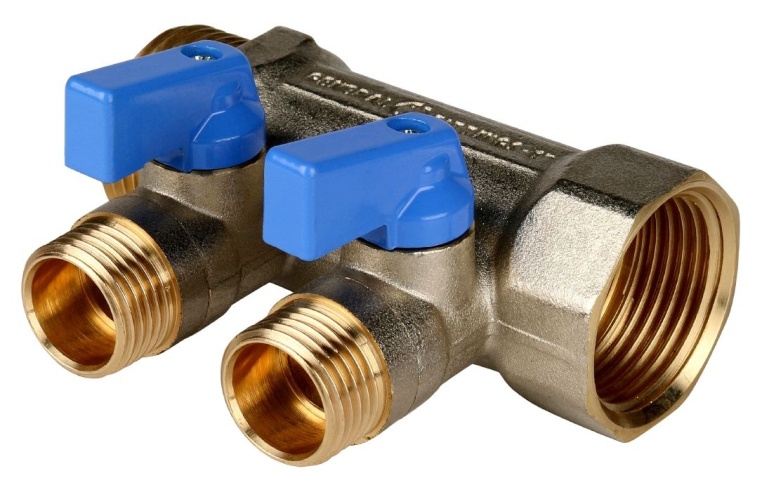 Коллектор с шаровыми кранами STOUT SMB 6201 011202 1", 2 отвода 1/2" (синие ручки)