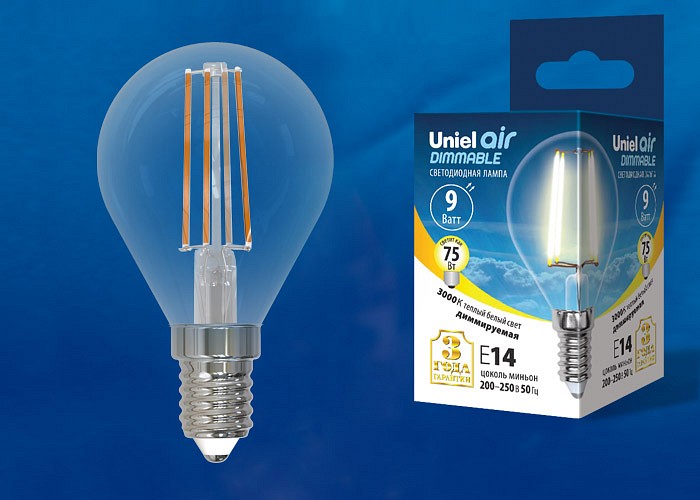 Лампа светодиодная Uniel E14 9Вт 3000K LED-G45-9W/3000K/E14/CL/DIM GLA01TR картон