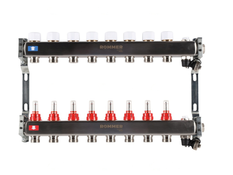 RMS-1201-000008 ROMMER Коллектор из нержавеющей стали с расходомерами, с клапаном вып. воздуха и сливом 8 вых.