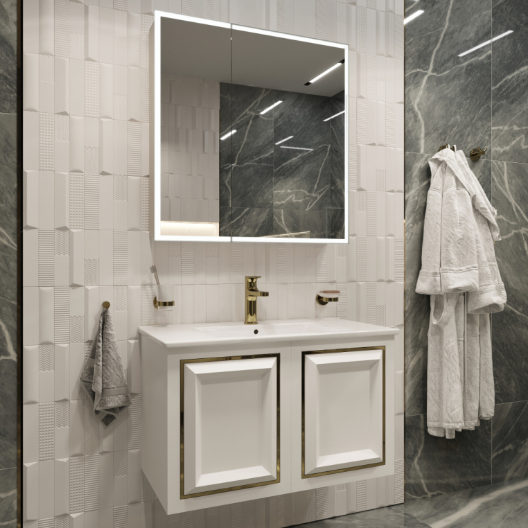 Зеркало-шкаф Stworki Ольборг МВК079 80, с подсветкой, навесной, белый, прямоугольный, в стиле лофт, с розеткой (МВК079)