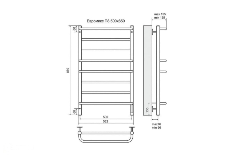 Электрический полотенцесушитель Terminus Евромикс П8 500x850 ТЭН Лев./Пр. черный матовый (4660059930336)