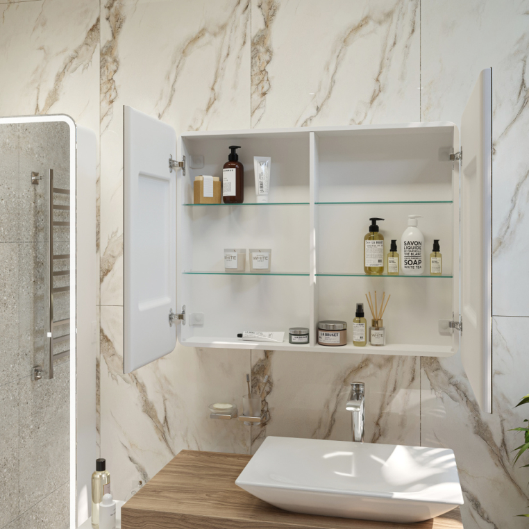 Зеркало-шкаф Stworki Ольборг МВК080 100, с подсветкой, навесное, белое, большое, в стиле лофт, с розеткой (МВК080)