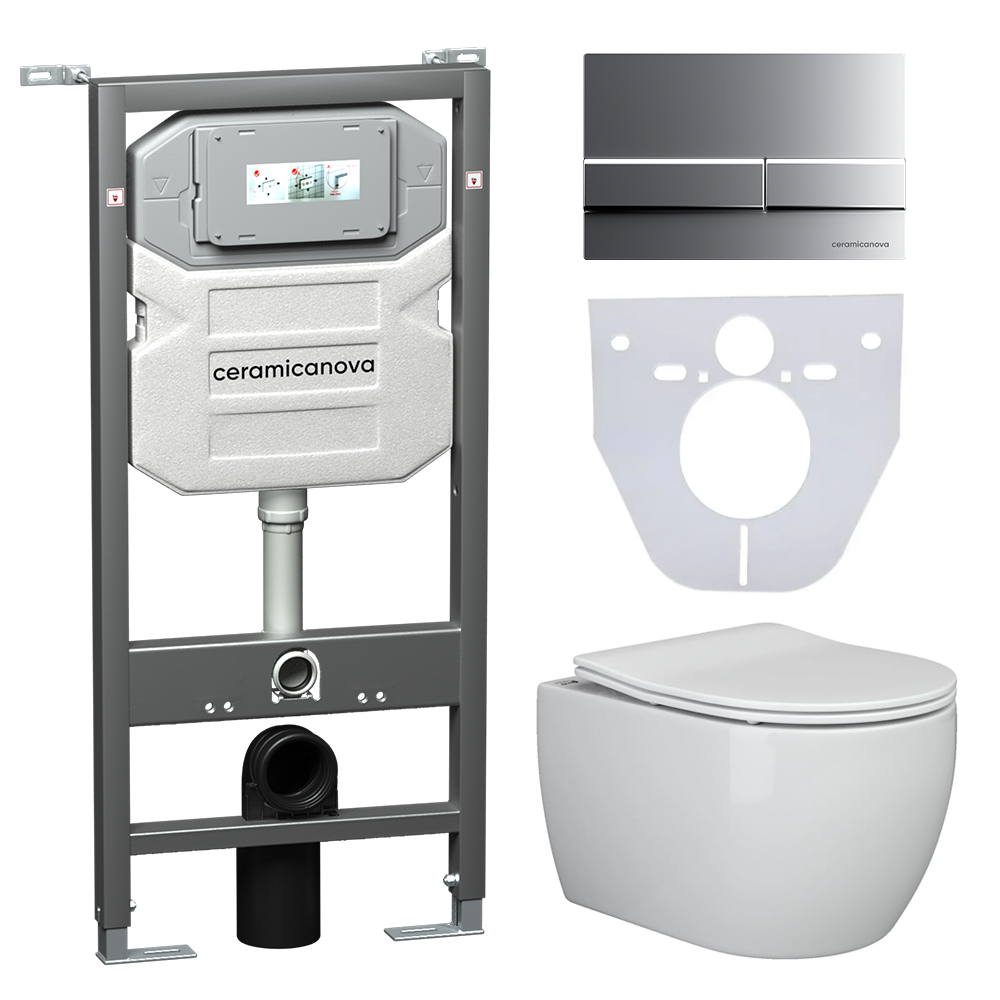 Сет 4 в 1 Инсталляция с кнопкой+унитаз+шумоизоляция CERAMICANOVA Подвесной унитаз PLAY Rimless+Шумоизоляционная панель+Система инсталляции с кнопкой Flat цвет хр/мат