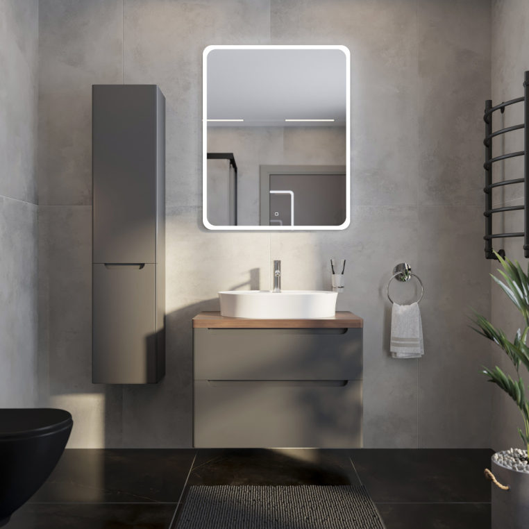 Мебель для ванной Stworki Берген 80 серая с темной столешницей, раковина Bocchi Slim Line 1600-001-0126 белая